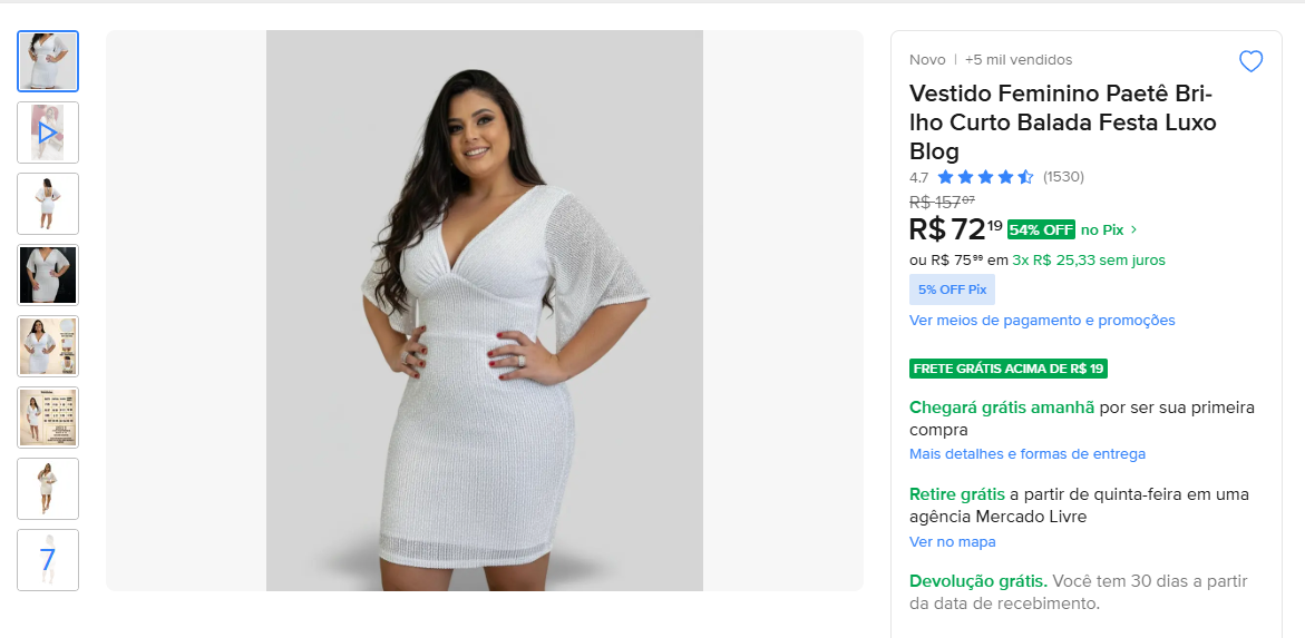 Captura do anúncio no Mercado Livre: moda feminina, +5 mil vendidos.