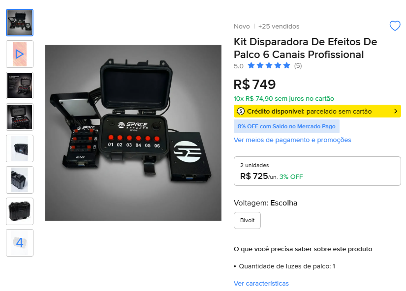 Captura do anúncio no Mercado Livre: equipamentos para eventos, +25 vendidos.